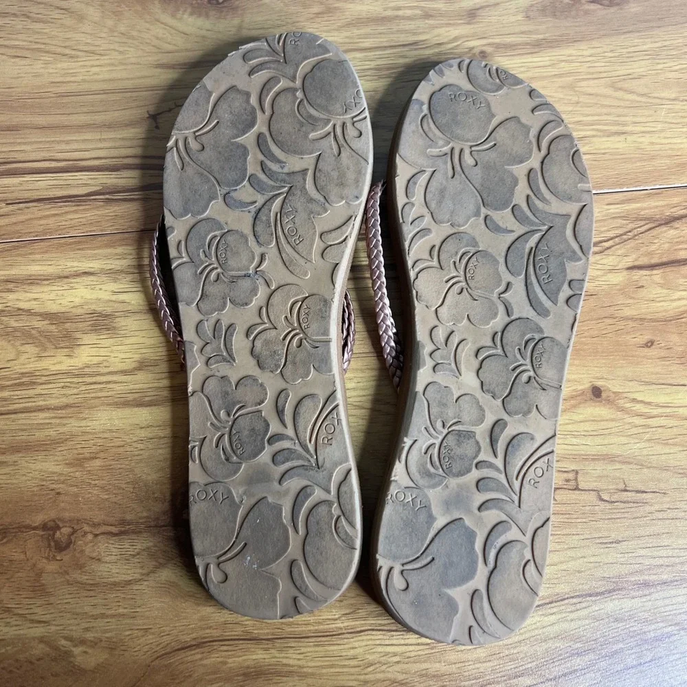 Roxy Flip Flops Thongs Womens Size 9 Rose Gold Braided‎ Metallic Sandal Casual